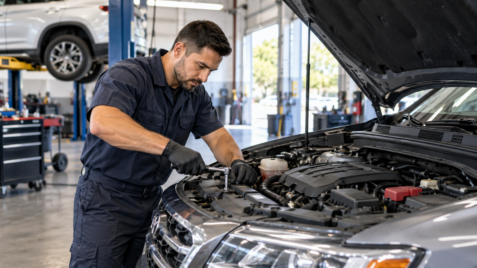 Professional automotive technician servicing a modern vehicle in a clean repair shop