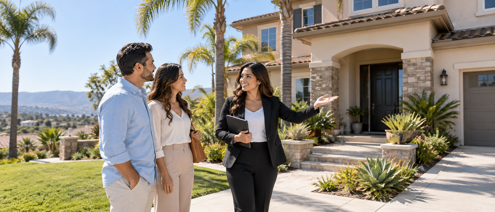 Local real estate professional meeting with home buyers outside a modern South Bay home